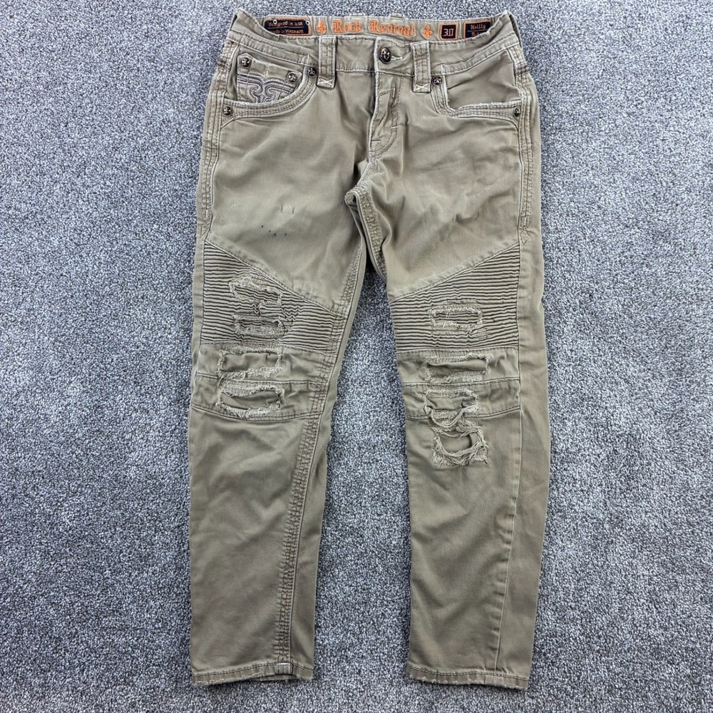 Rock Revival Neilly Biker Jeans Women's 30 Tan Distressed Moto Skinny Pocket